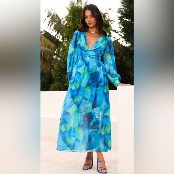 Blue Maxi Gown with Plunge Neck and Bishop transparent Sleeves - Picture 1 of 4